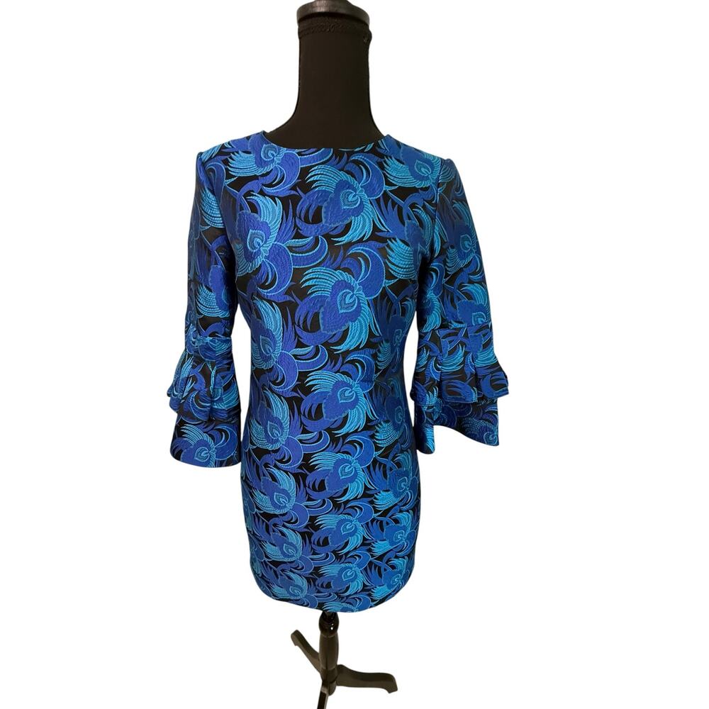 Belle Badgley Mischka Blue Floral Sheath Dress Size 0 Elegant Belle Sleeve
